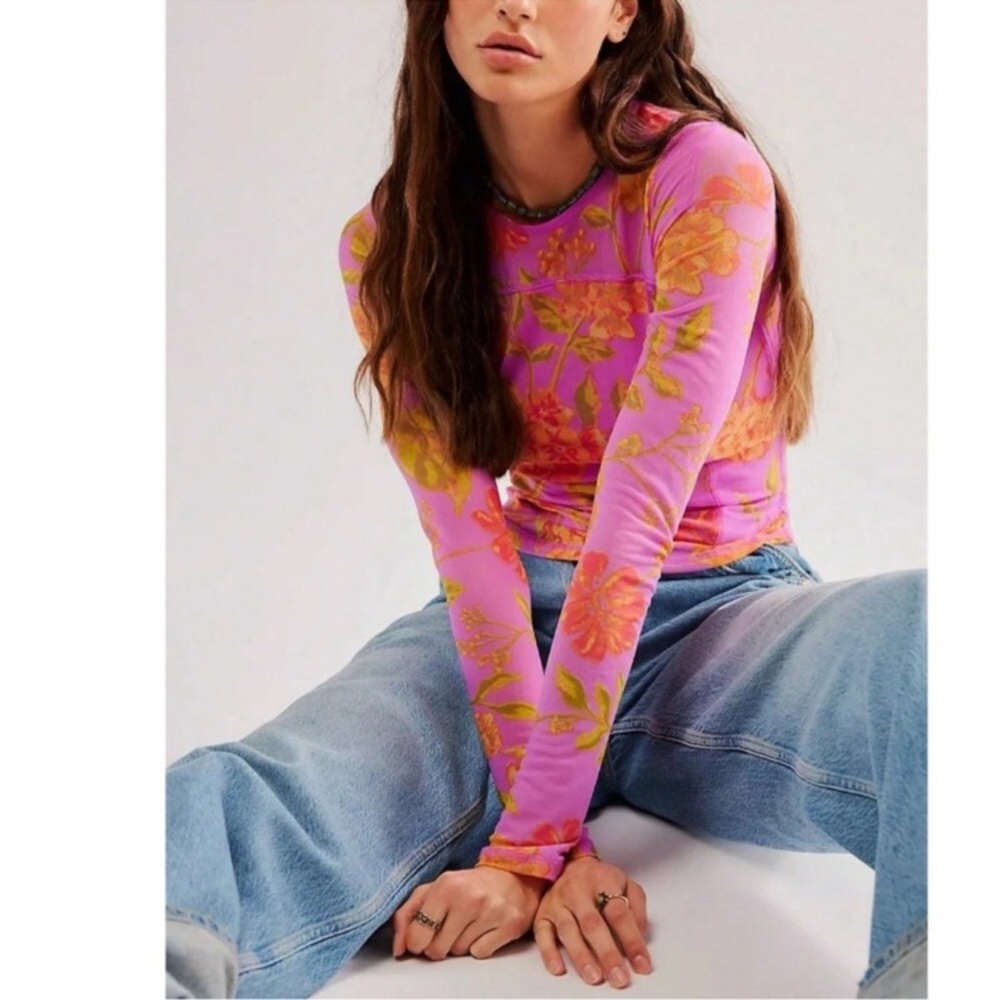 Pink Floral Sheer Mesh Fitted Long Sleeve Tee Shirt - Picture 3 of 5
